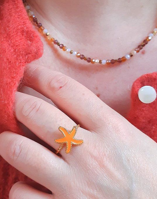 Bague acier dorée et orange Havane